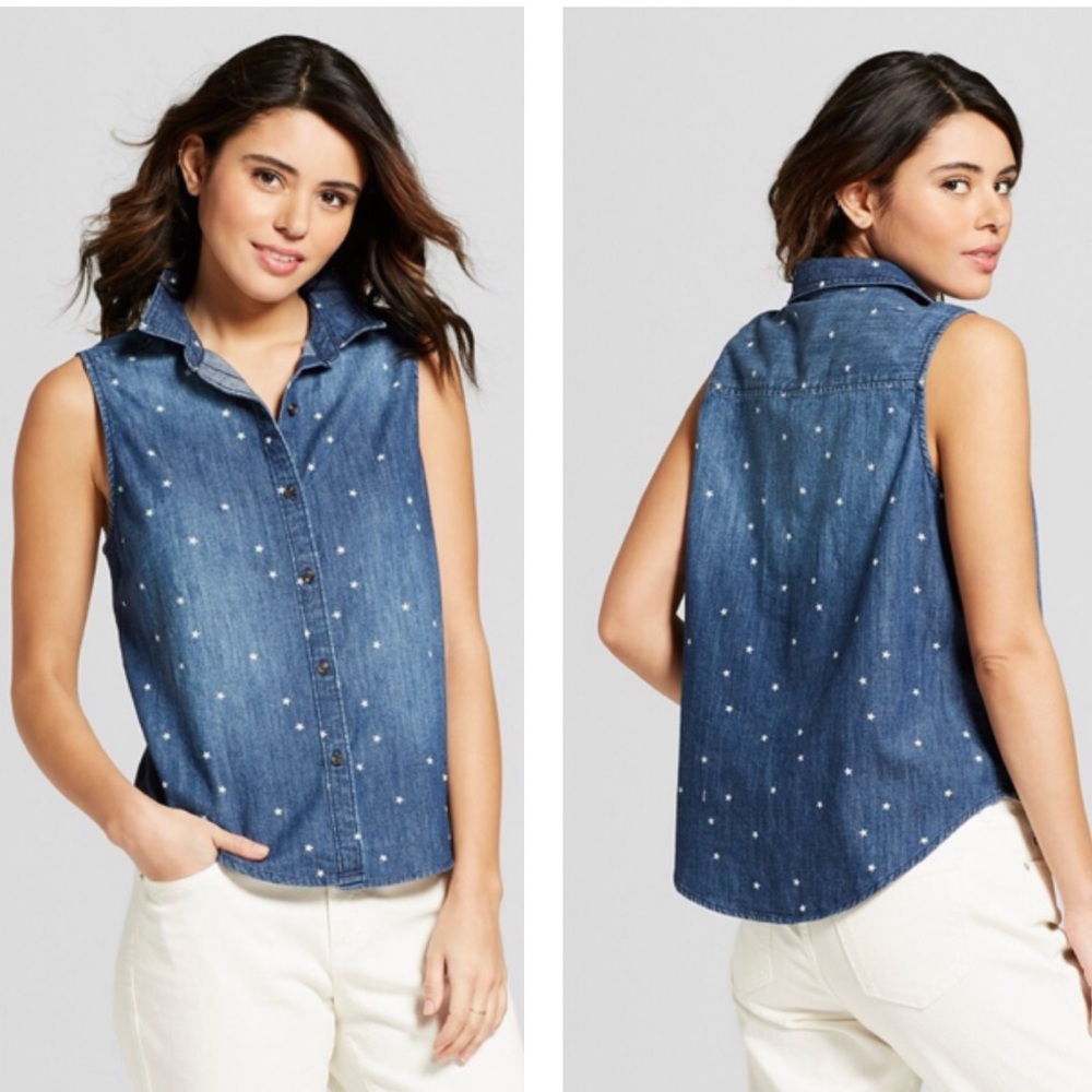Universal Thread White Star Print Sleveless Button Up Top Denim Shirt Medium